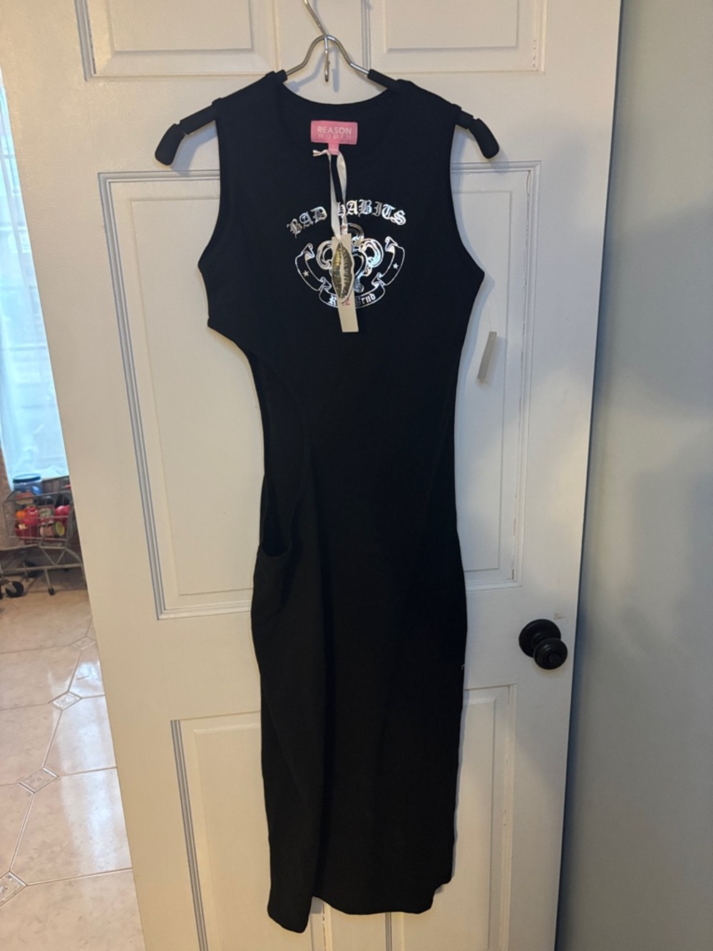 Reason Black Graphic Midi Dress with Side Slice